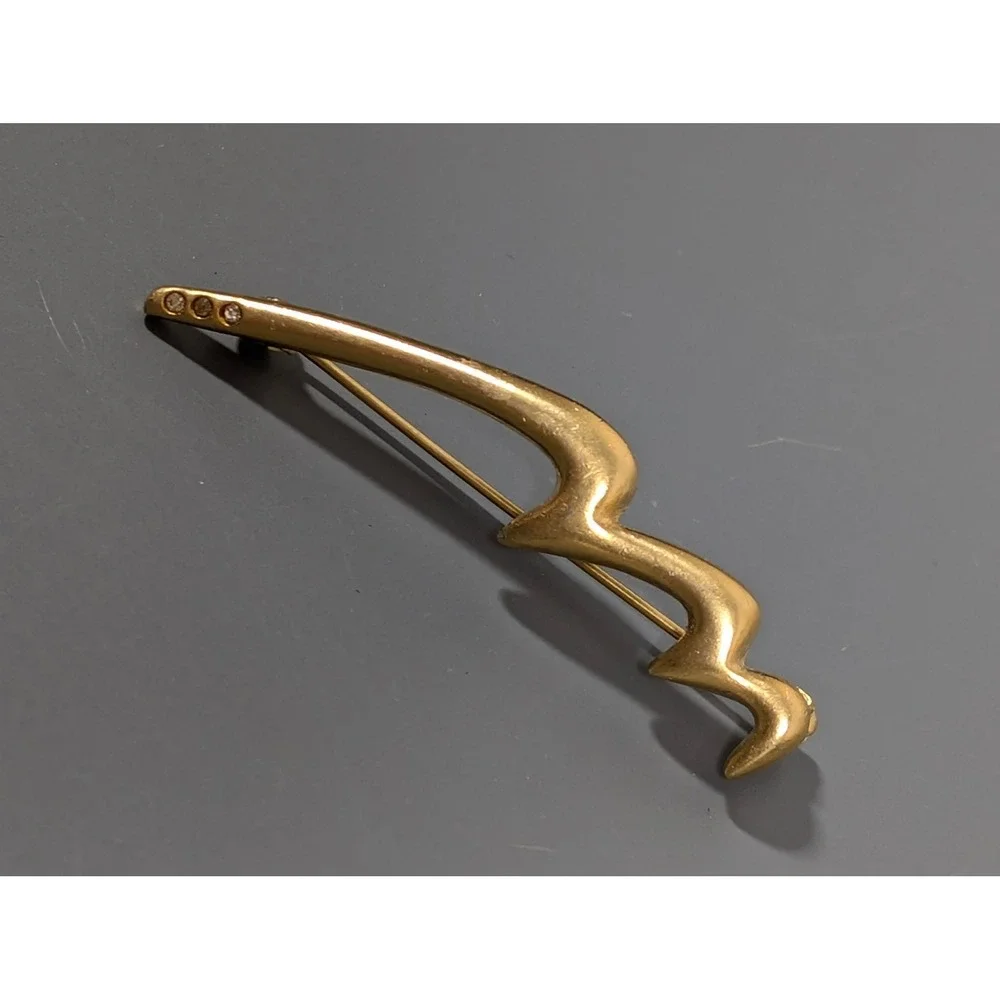 Vintage Gold Tone Matte Abstract Brooch 3‎ Rhinestone Modernist Pin Scribble